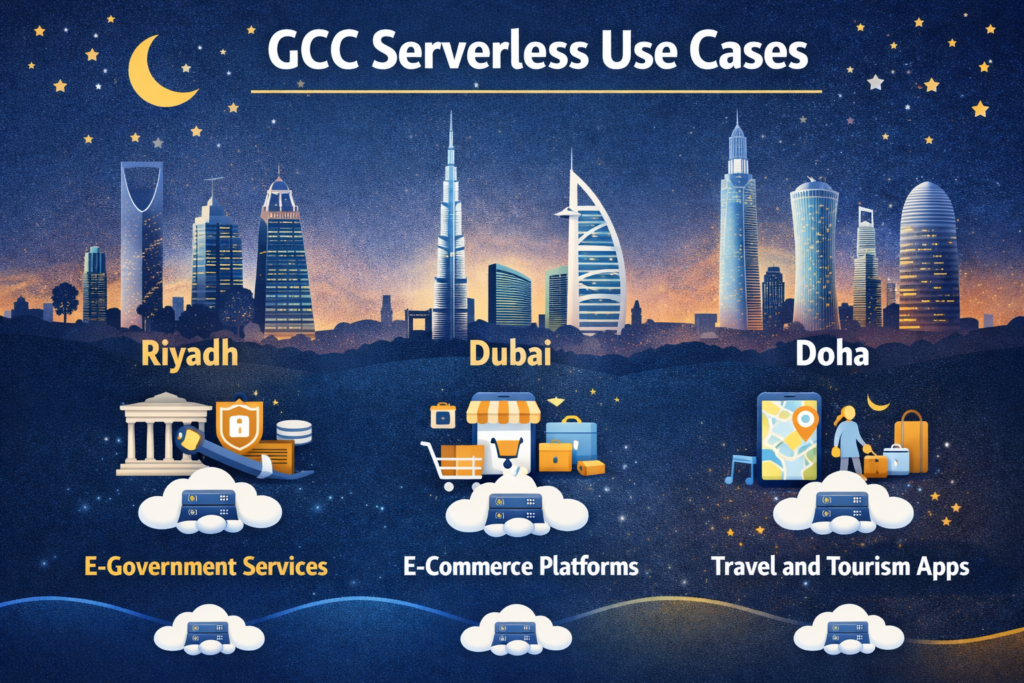 Map of GCC highlighting serverless computing use cases for SMEs in Riyadh, Dubai and Doha