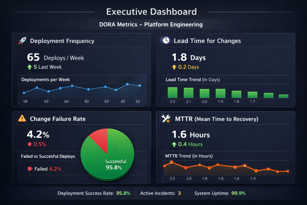 Platform engineering dashboard tracking DORA metrics and software delivery reliability