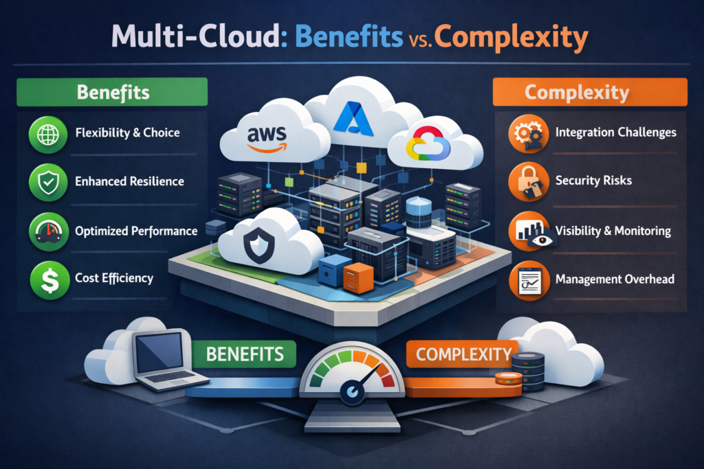 Dashboard-style visualization of multi cloud benefits versus complexity and risk