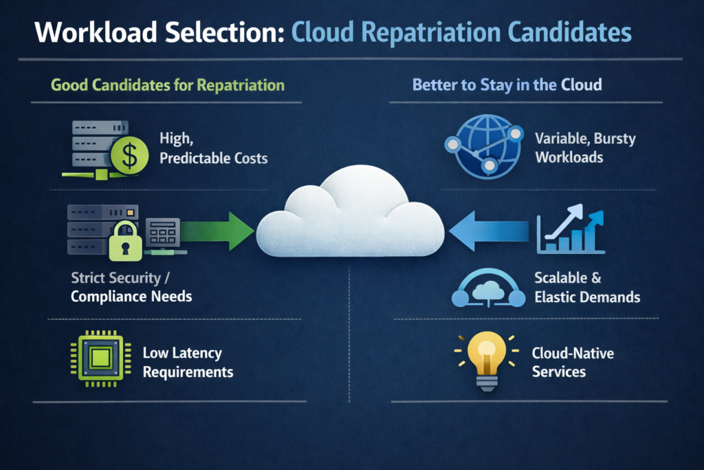 Cloud repatriation workload selection matrix highlighting best candidates