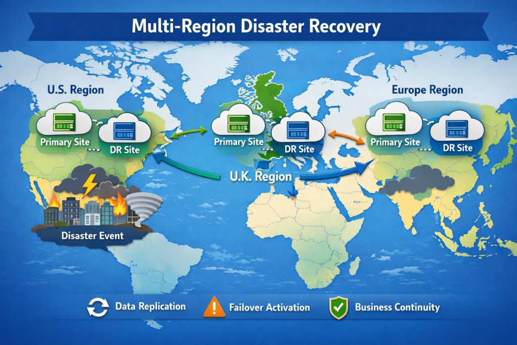 Multi-region disaster recovery architecture map for US, UK and Europe