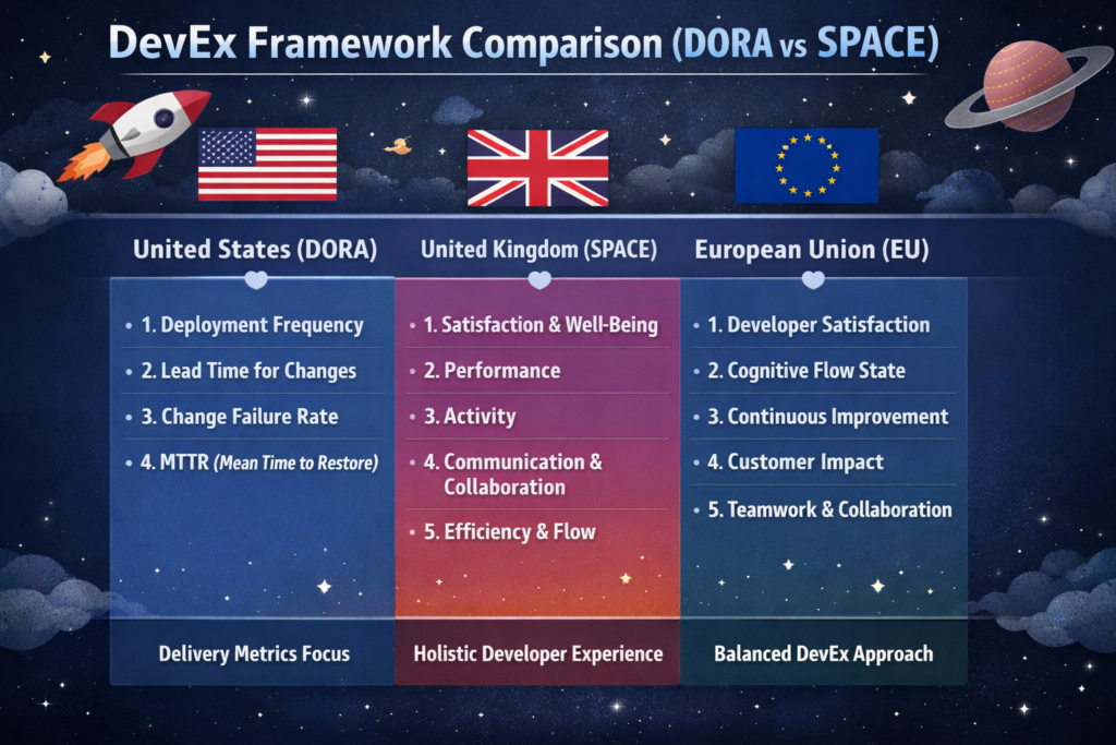 Comparison of DORA, SPACE, and DevEx frameworks for developer productivity metrics