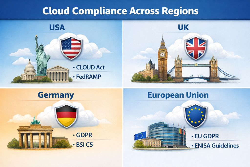 Cloud security misconfigurations and compliance across USA, UK, Germany, and EU