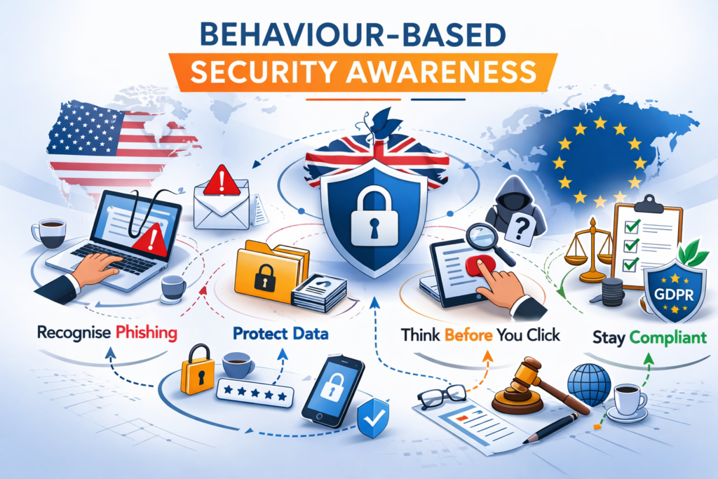 Employees in US, UK and EU using behaviour-based security awareness microlearning on laptops and phones.