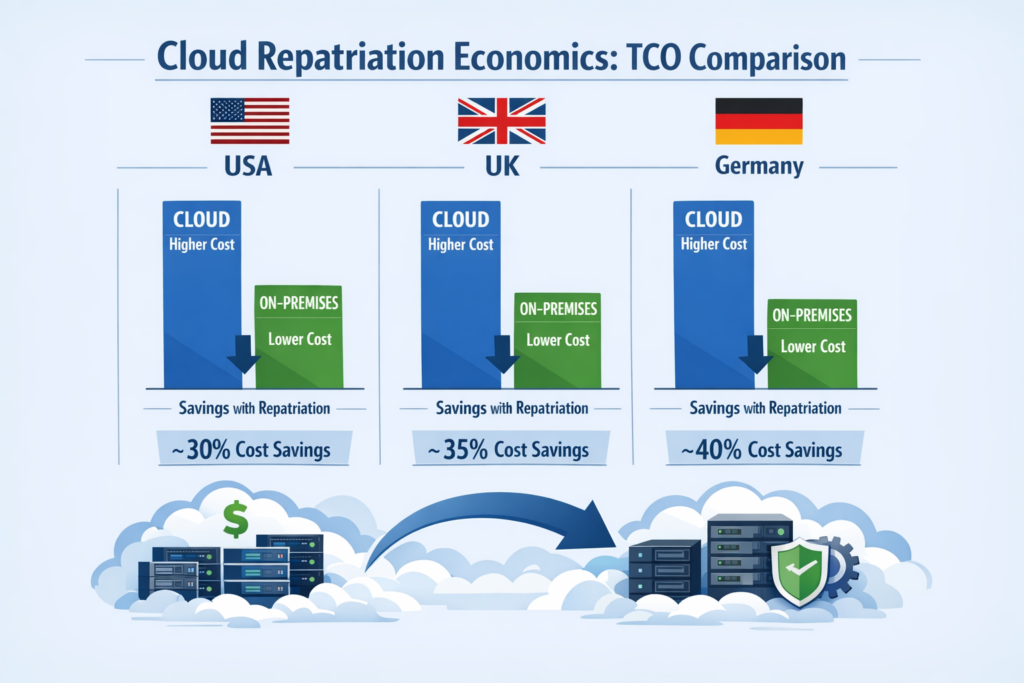Cloud repatriation economics TCO comparison chart for US, UK and Germany