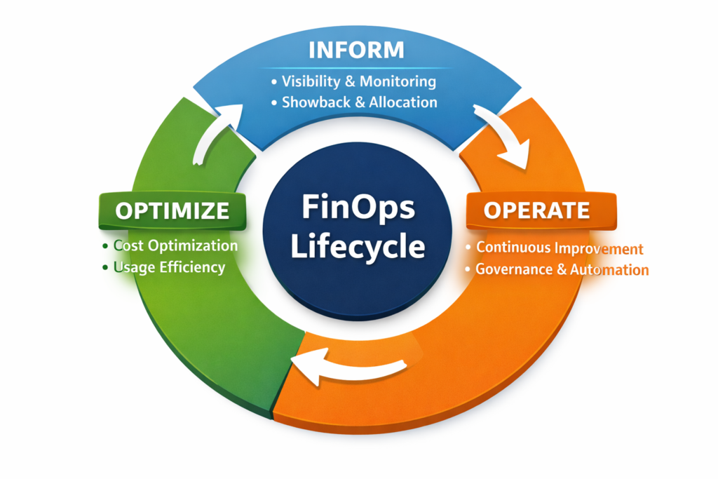 FinOps cloud cost optimization lifecycle diagram showing Inform, Optimize and Operate phases