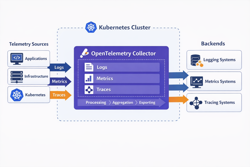 OpenTelemetry logs metrics traces architecture for Kubernetes and hybrid cloud