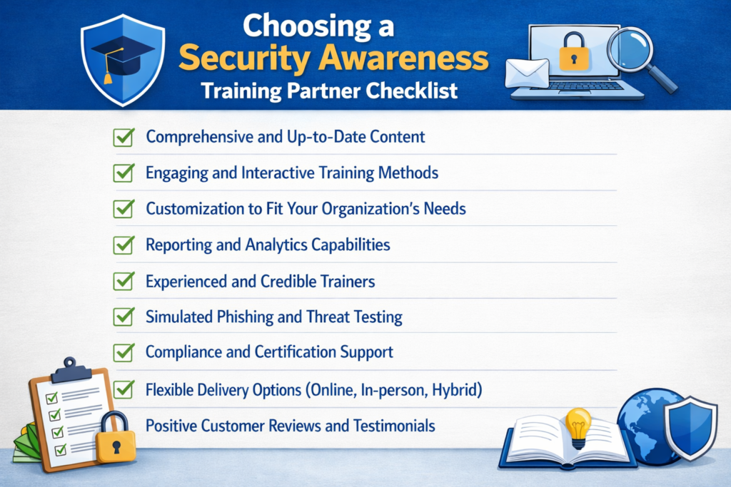 Checklist for choosing a security awareness training partner with behaviour-change, analytics and data privacy criteria.