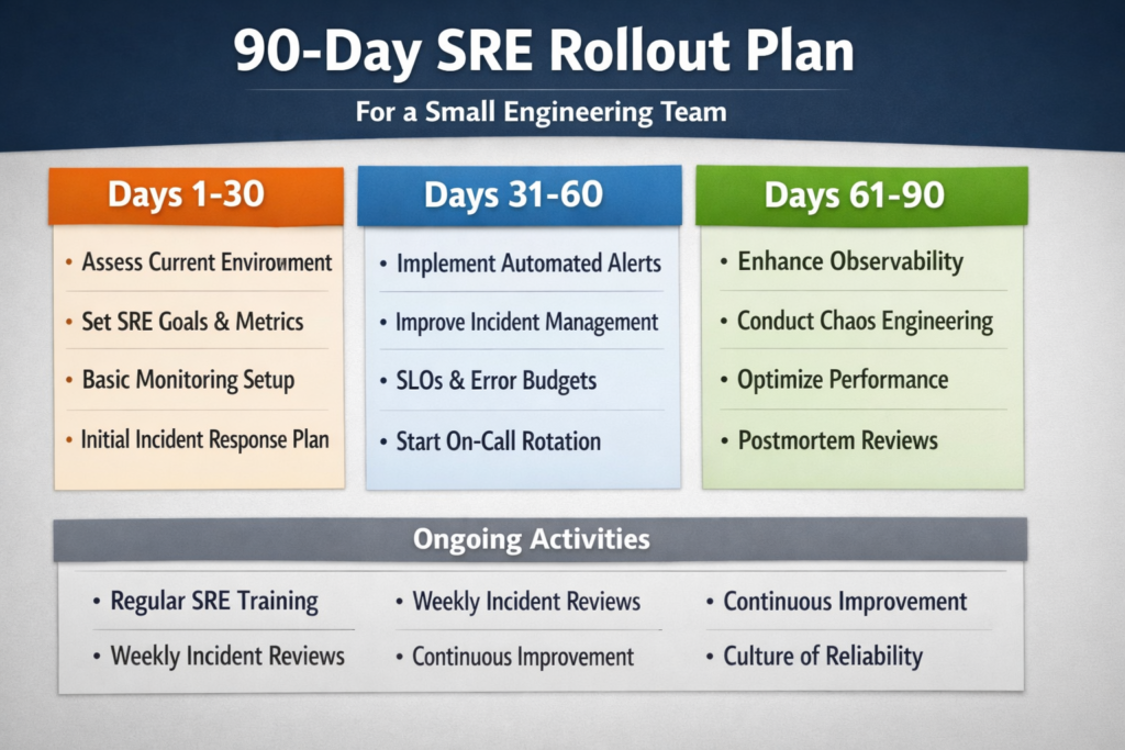 SRE for small teams 90 day rollout plan with days 1 30 31 60 and 61 90 milestones