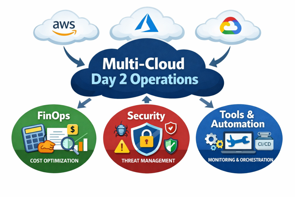 Illustration of tools and workflows for day-2 multi cloud operations, FinOps and security