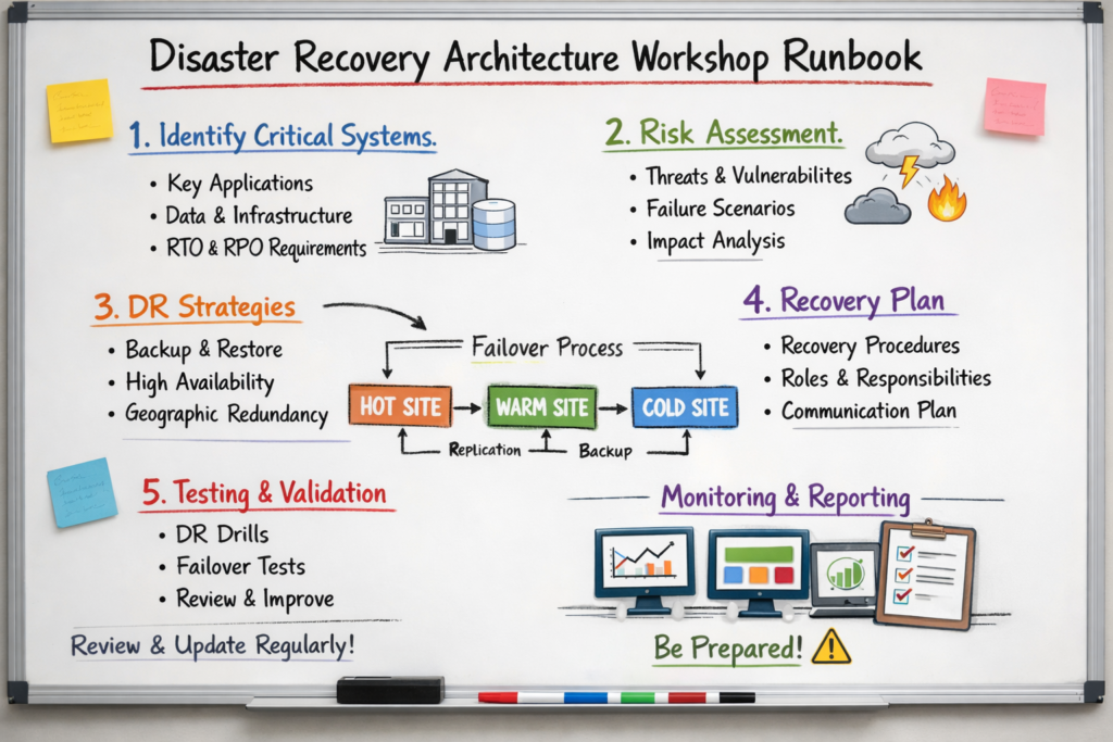 Architects designing disaster recovery architecture runbooks on a whiteboard