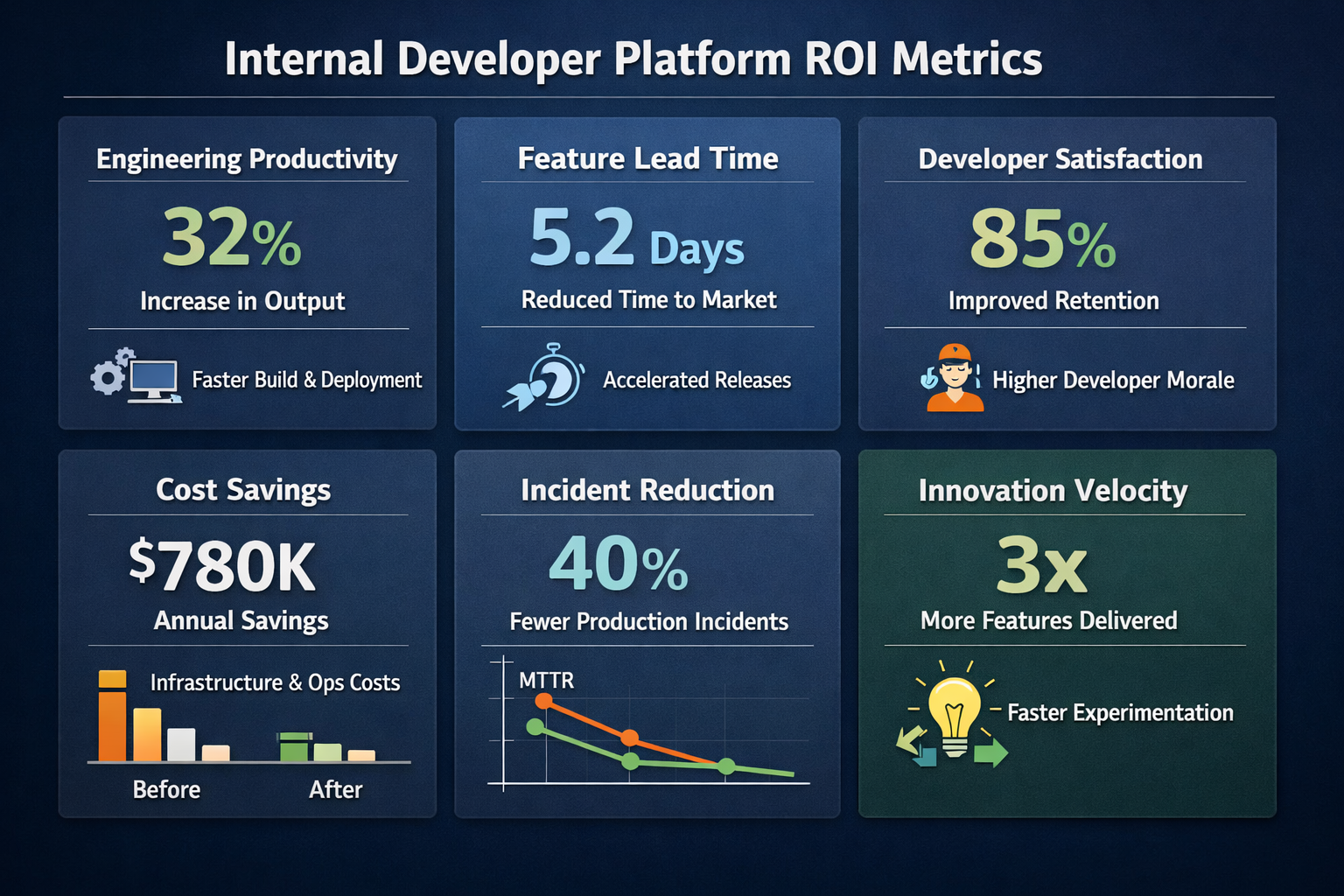 Internal developer platform ROI metrics dashboard for enterprise engineering leaders