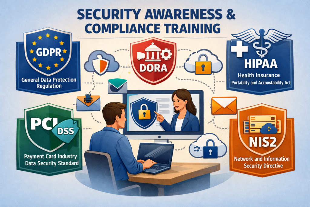 Compliance-focused security awareness training mapped to GDPR, HIPAA, PCI DSS, DORA and NIS2 requirements.