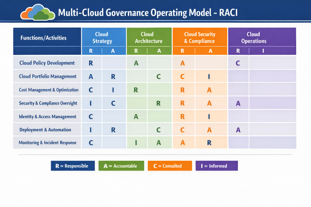 RACI-style diagram for multi cloud governance and operating model
