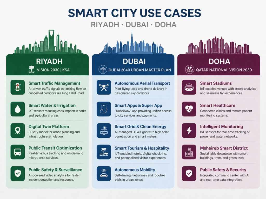 Smart city dashboard use cases in Riyadh Dubai and Doha
