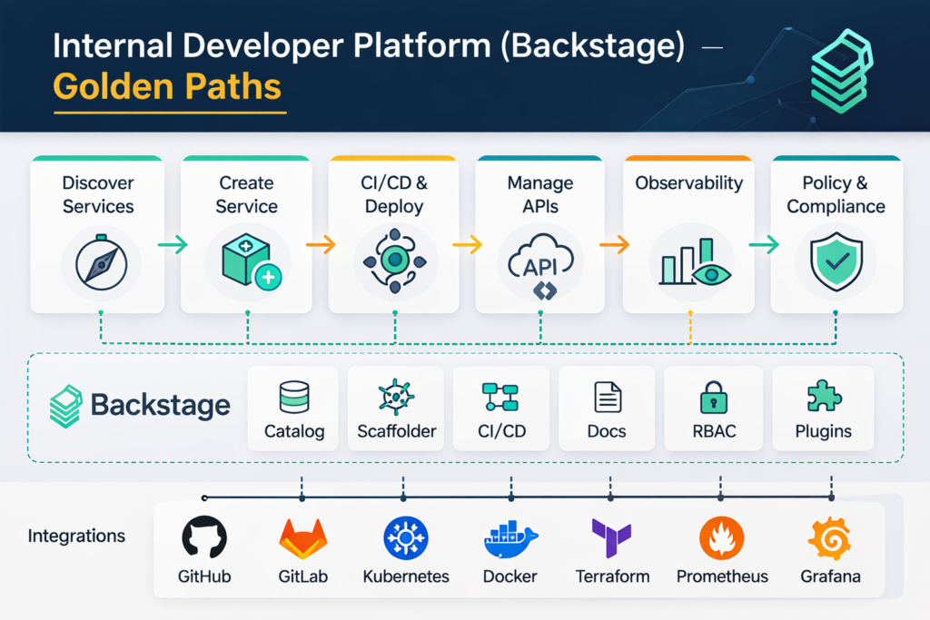Internal developer platform with Backstage-style portal and platform engineering golden paths