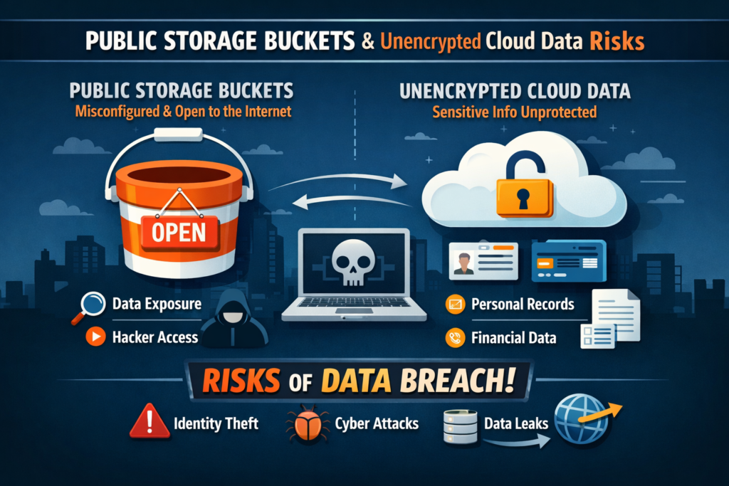 Publicly exposed storage buckets and unencrypted cloud data risks