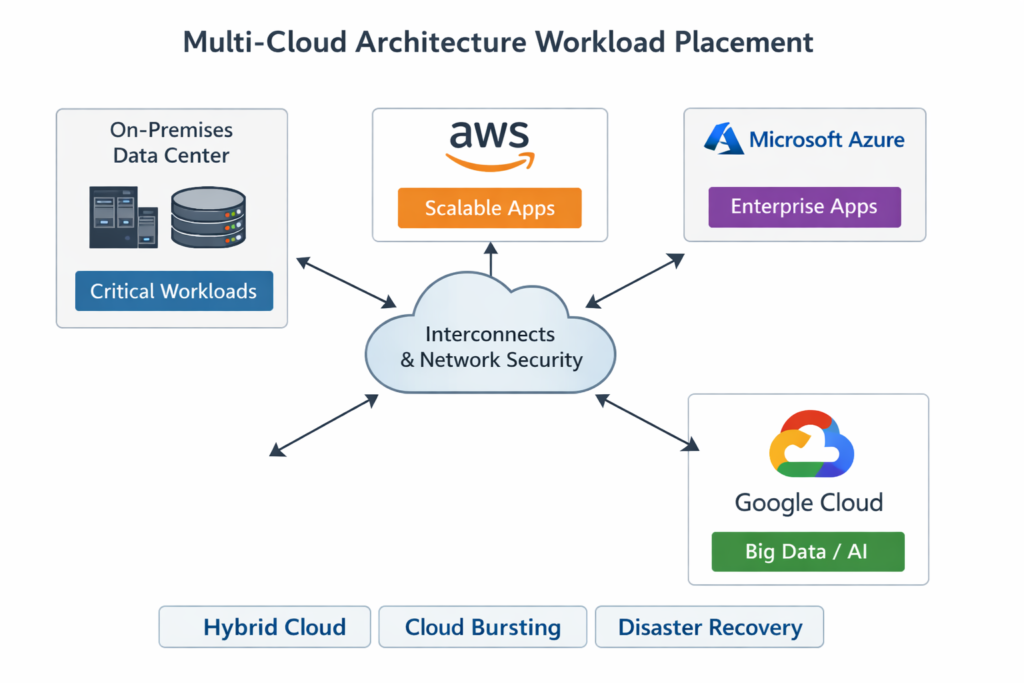 Multi-cloud workload placement strategy diagram across hyperscale and sovereign clouds