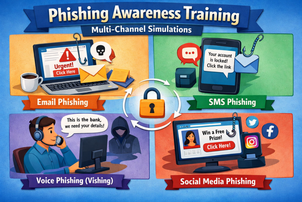 Multi-channel phishing awareness training program showing email, SMS, QR code and voice simulations.