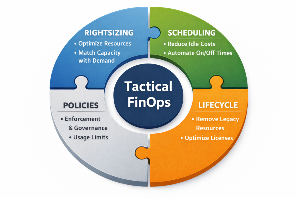 Tactical FinOps cloud cost optimization actions like rightsizing, scheduling and lifecycle policies