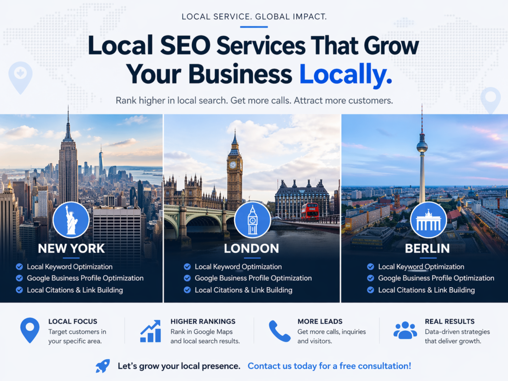 local service page SEO examples for New York London and Berlin