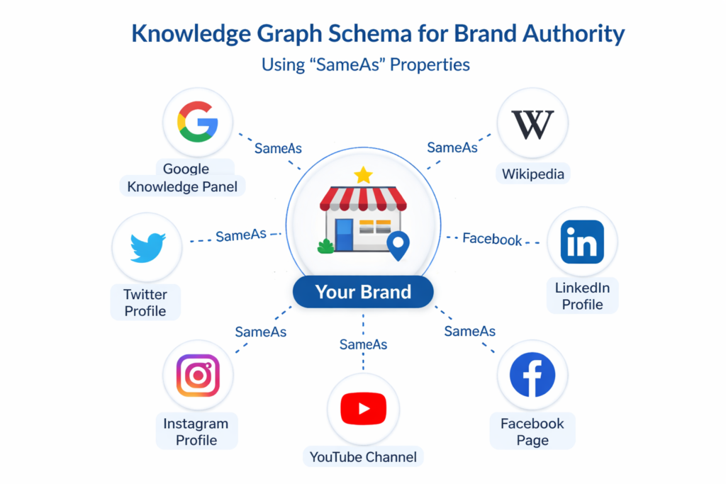 Knowledge graph and schema markup for brand authority in entity SEO