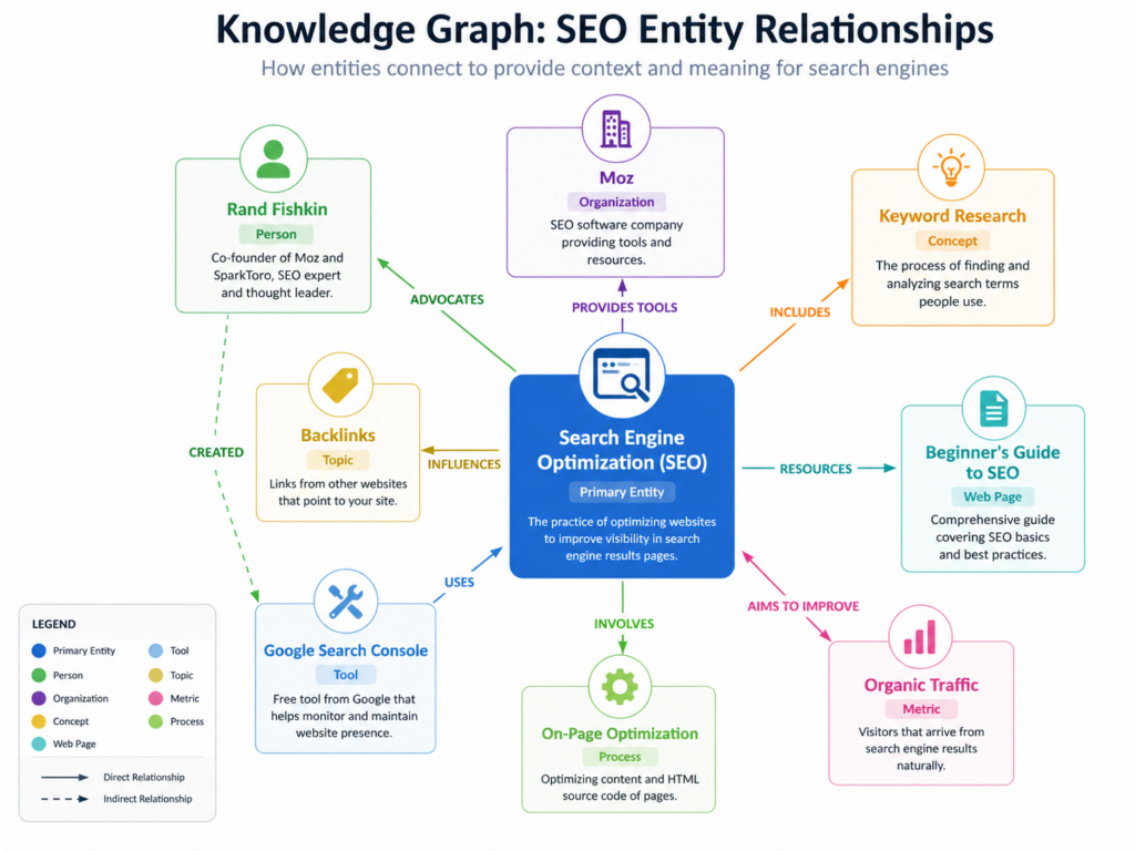 Knowledge graph SEO entity relationships for semantic topic clusters