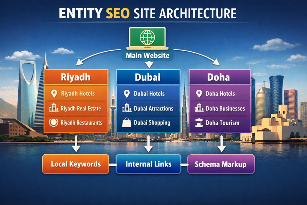 Entity SEO agency MENA site architecture for Riyadh Dubai and Doha landing pages
