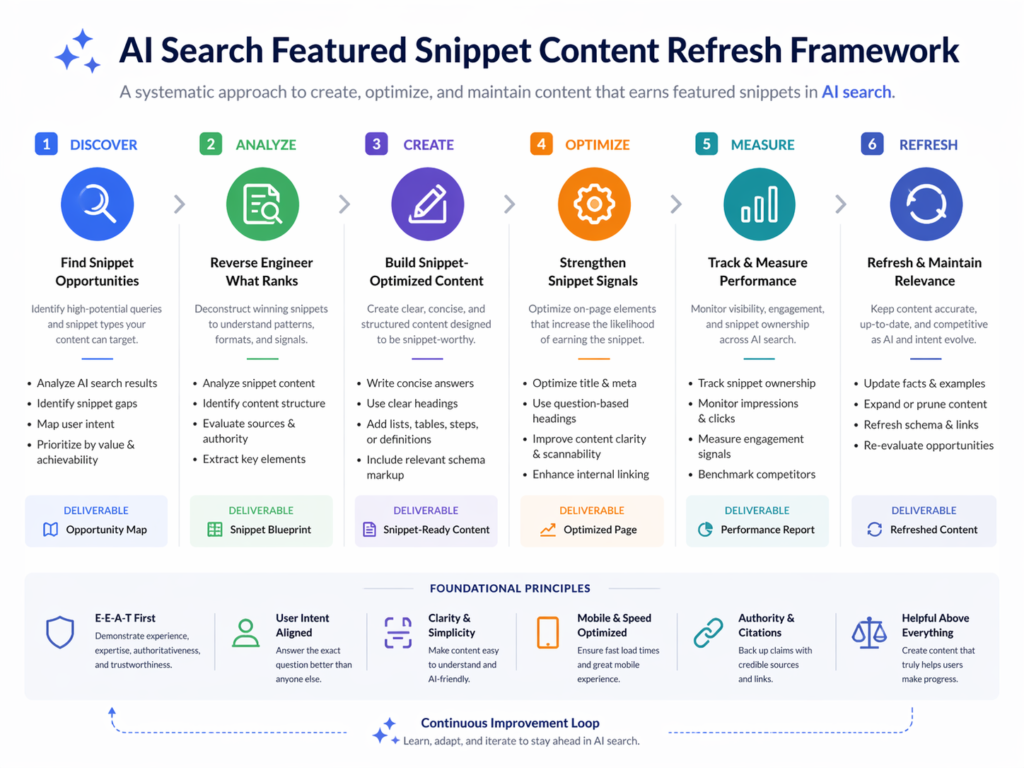 Content refresh strategy for AI search featured snippets and answer engines