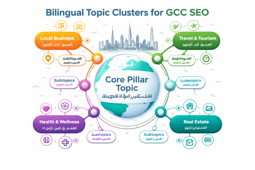 internal linking strategy for MENA blogs with Arabic and English topic clusters
