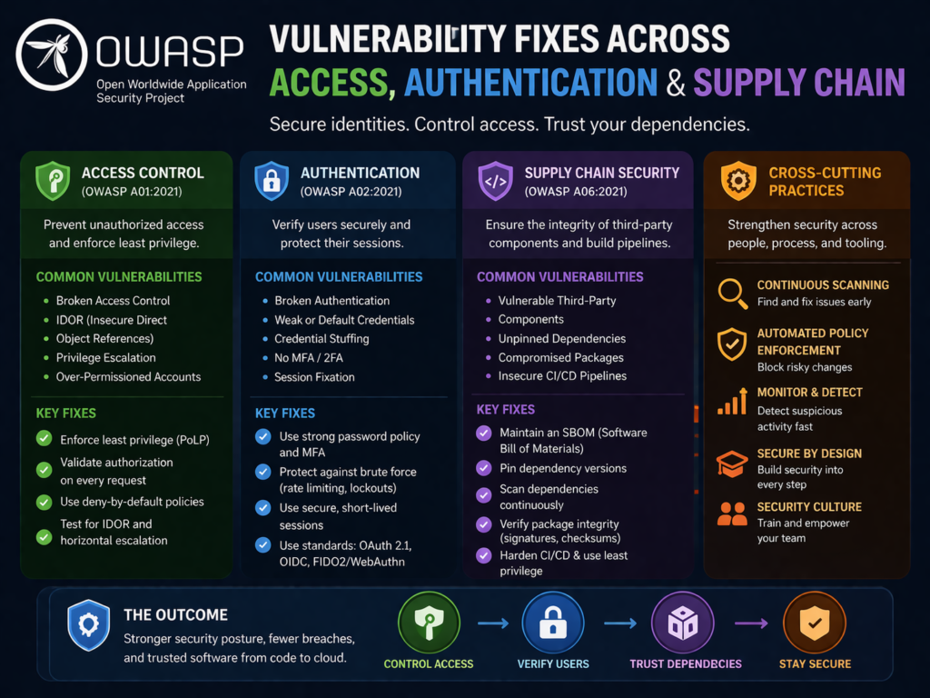 OWASP Top 10 practical fixes for access control authentication and software supply chain risks