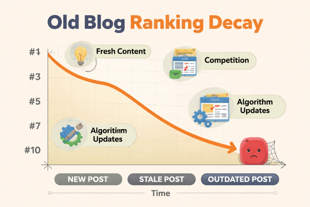 content refresh strategy showing old blog ranking decay in GCC SEO