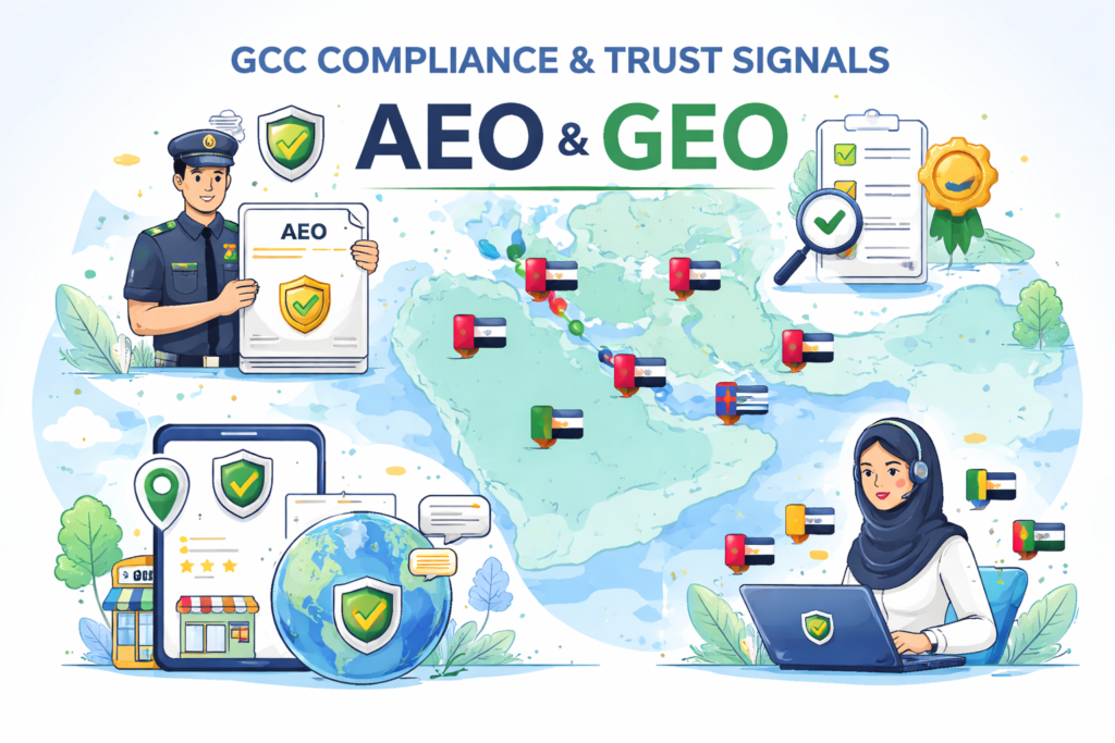 GCC compliance and trust signals shaping AEO vs SEO vs GEO