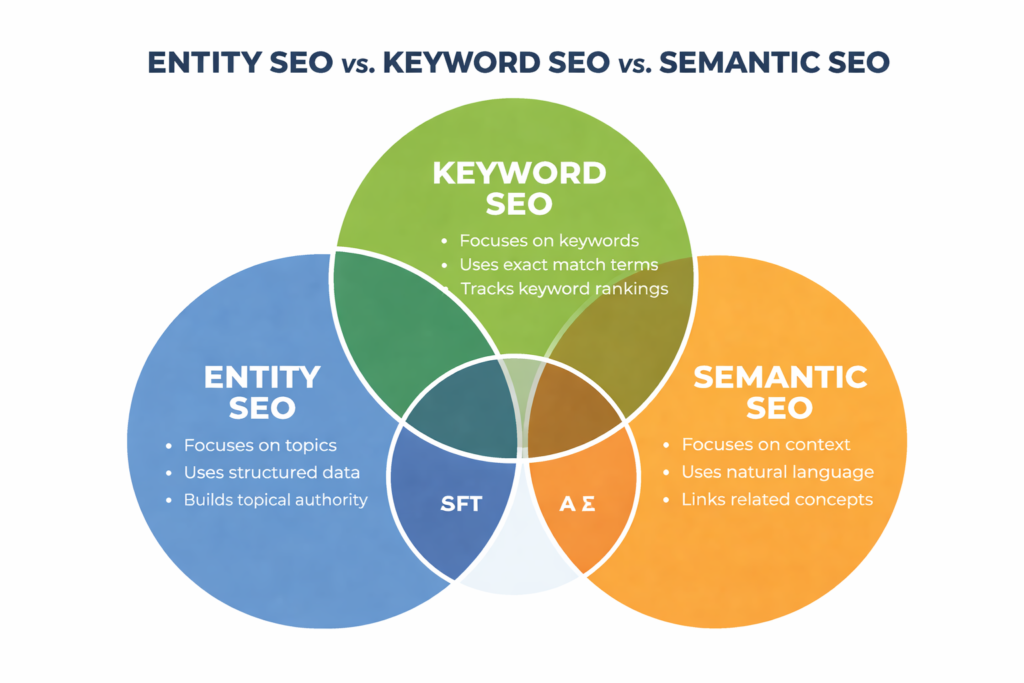 Comparison of entity SEO, keyword SEO, and semantic search optimization