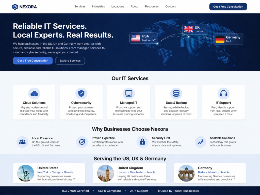 IT services landing page structure adapted for USA UK and Germany buyers