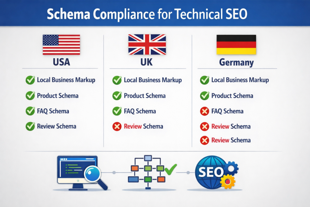 Structured data and compliance checks in a technical SEO audit checklist for US UK and Germany