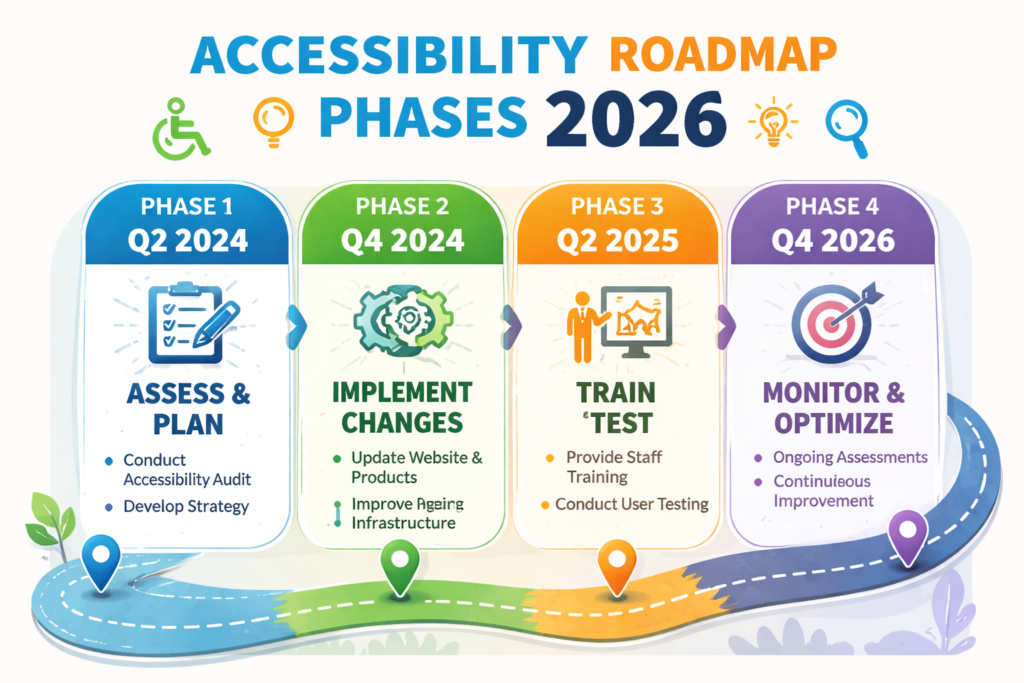 Web accessibility compliance roadmap with audit, remediation, and monitoring phases