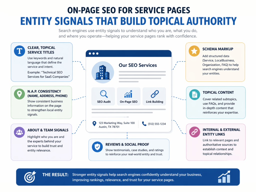 on-page service page SEO with entity signals and internal links