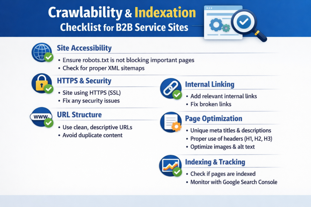 Crawlability and indexation section of a technical SEO audit checklist for B2B service websites