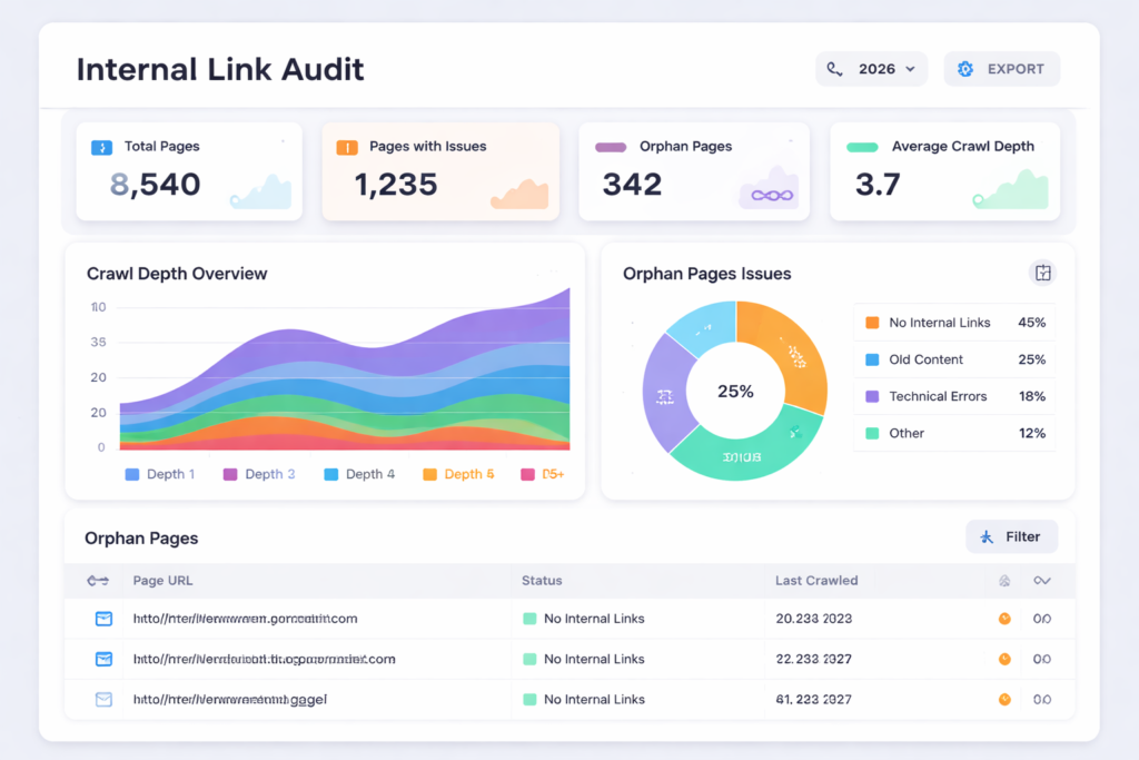 : Internal linking strategy audit dashboard with crawl depth, orphan pages, and anchor analysis