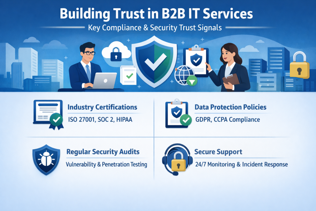 B2B landing page framework trust signals for IT services including GDPR HIPAA PCI DSS and ISO 27001