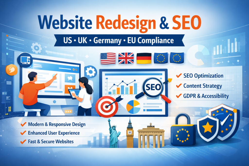 Website redesign SEO compliance and localization across US UK Germany EU