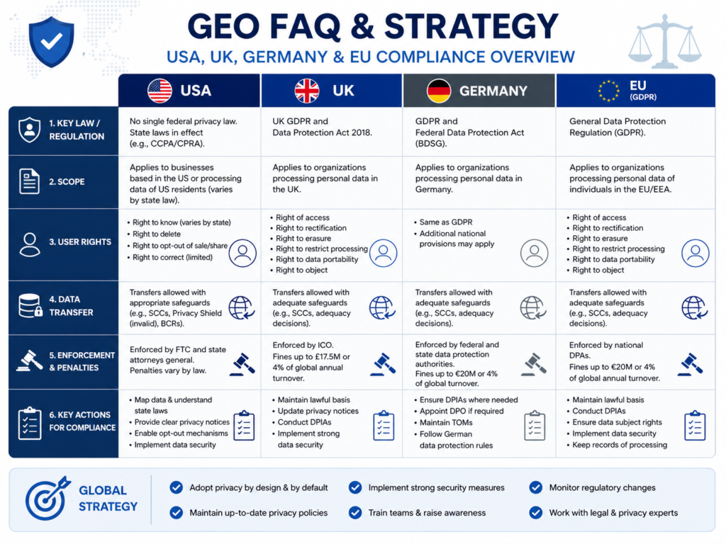 GEO FAQ strategy for USA, UK, Germany, and EU compliance questions