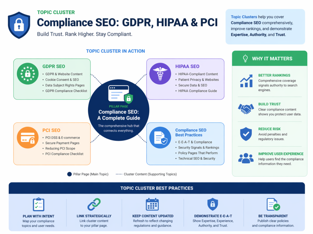 topic clusters with GDPR HIPAA and PCI SEO trust signals