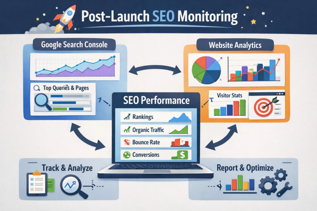 Post-launch monitoring dashboard for website redesign SEO performance