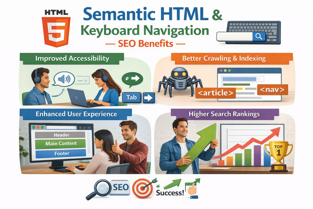 Web accessibility compliance improves SEO through semantic HTML and keyboard navigation