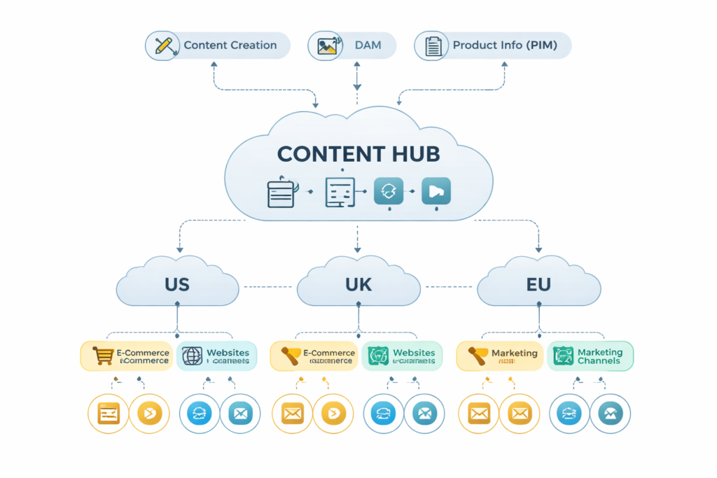content hub architecture for SEO in the US UK and EU
