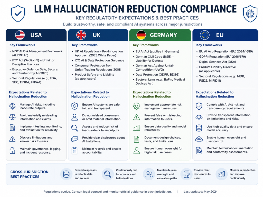 LLM hallucination reduction compliance map for USA, UK, Germany, and EU