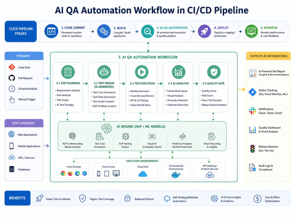 AI QA automation workflow connected to CI/CD pipelines