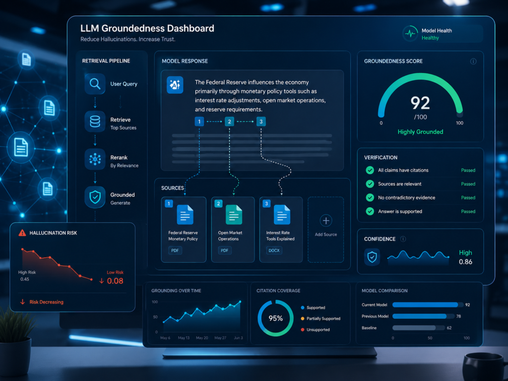 LLM hallucination reduction dashboard tracking groundedness, faithfulness, and citation accuracy